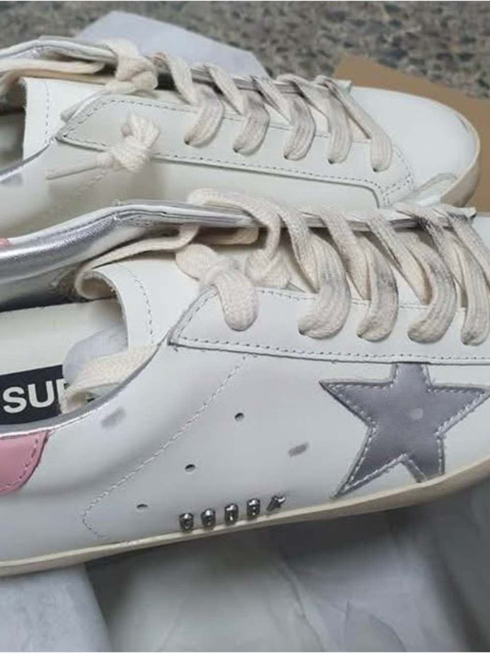 Golden Goose White Leather Sneakers with Pink Heel and Silver Star Accent - Picture 2 of 6